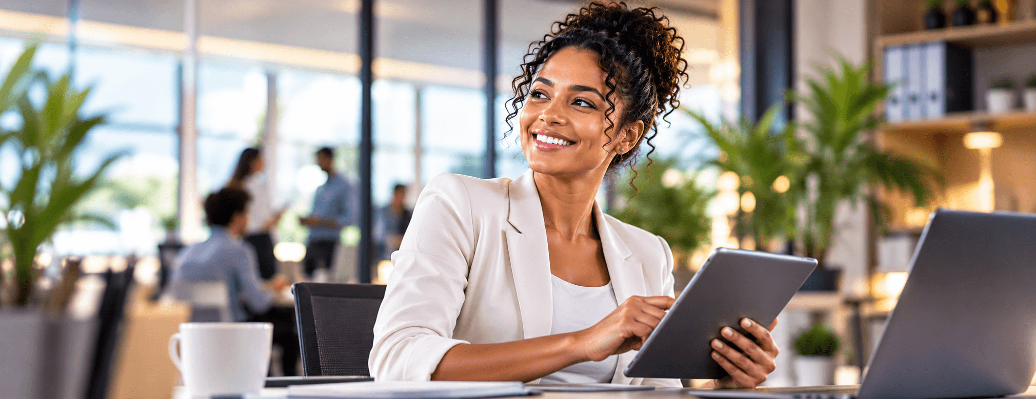 A business leader holding a tablet in a bright workplace