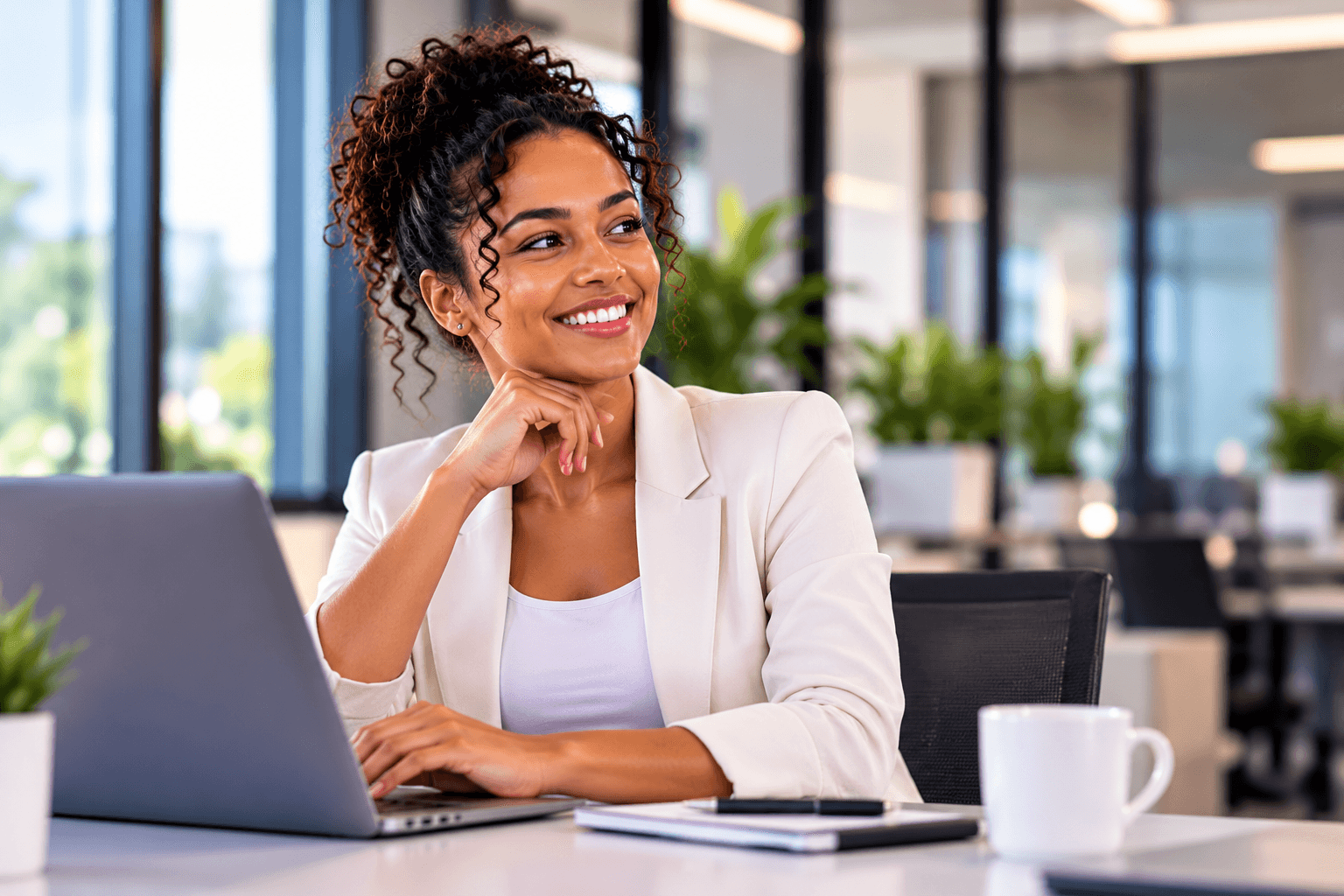 A smiling professional woman working at a laptop in a bright modern office